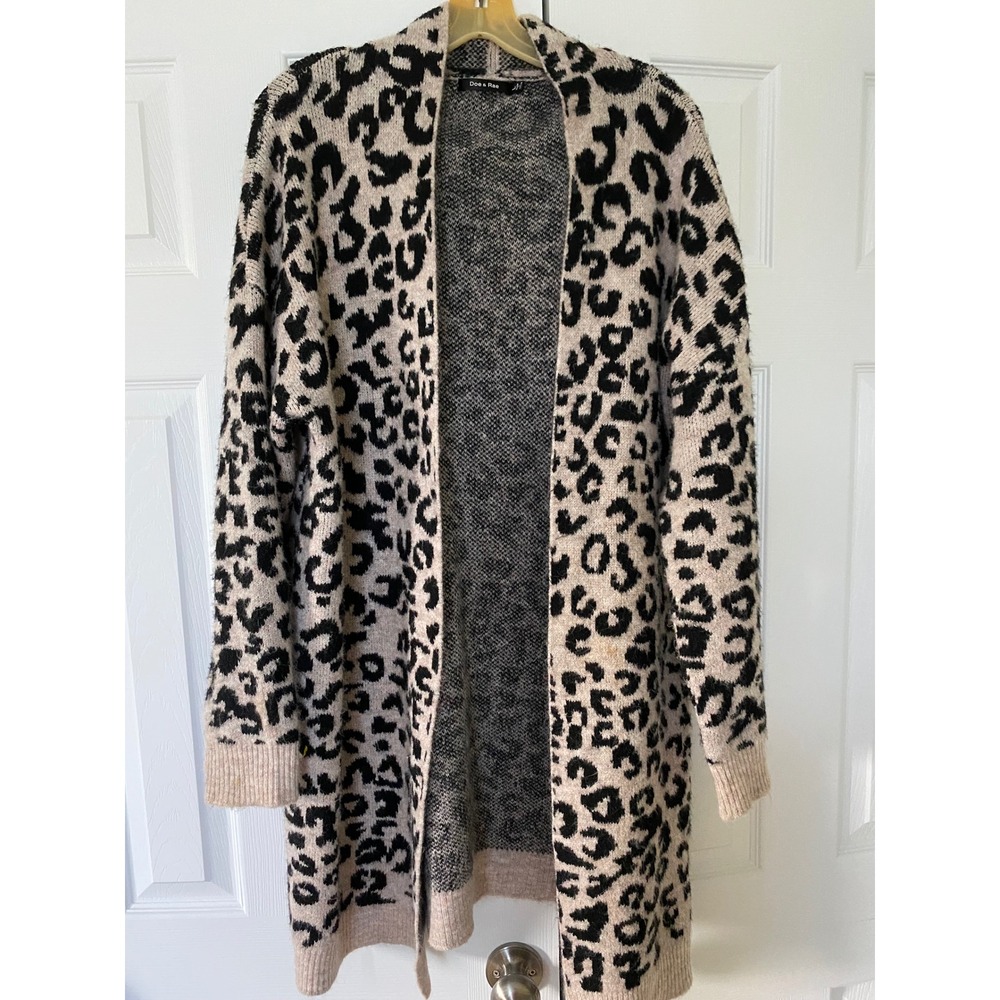 Doe & Rae Cardigan Women L Tan Black Leopard Animal Print Longline Open Front